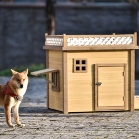 39.4' Wooden Dog House Puppy Shelter Kennel Outdoor & Indoor Dog crate, with Flower Stand, Plant Stand, With Wood Feeder